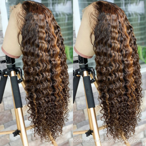 Brazilian Highlight Honey Blonde Pre-plucked Virgin Human Hair Deep Wave Lace Frontal Wigs For White and Black Women